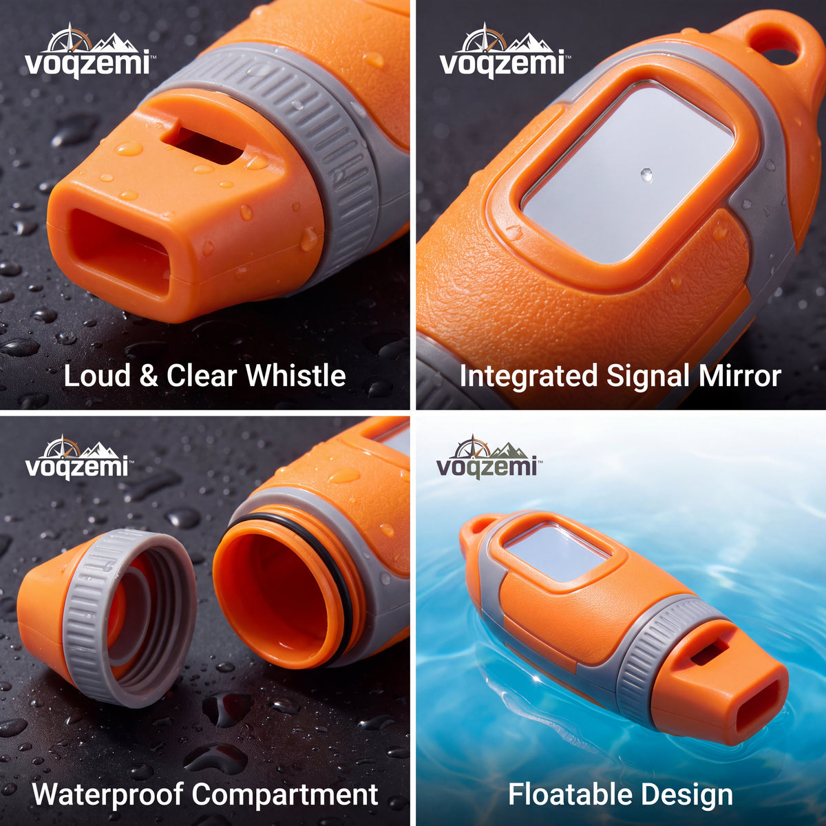 𝙫𝙤𝙦𝙯𝙚𝙢𝙞™ FloatSafe 4-in-1 Floating Emergency Survival Whistle with Signal Mirror & Waterproof Storage