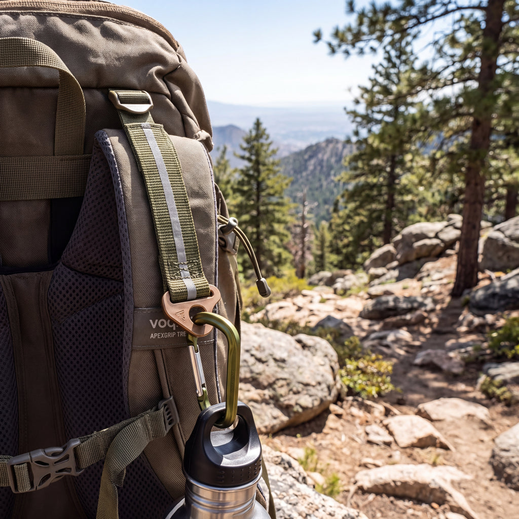 𝙫𝙤𝙦𝙯𝙚𝙢𝙞™ ApexGrip Heavy-Duty Trekking Clip – Ergonomic Quick-Release Carabiner with Reflective Webbing Strap for Hiking, Backpacking & Outdoor EDC