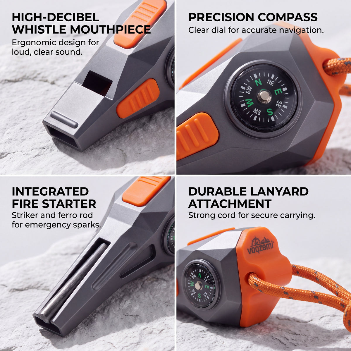 𝙫𝙤𝙦𝙯𝙚𝙢𝙞™ Survivor Peak 3-in-1 Emergency Whistle with Compass & Fire Starter, 120dB High-Decibel Outdoor Safety Whistle with Lanyard for Hiking, Camping, Survival Gear