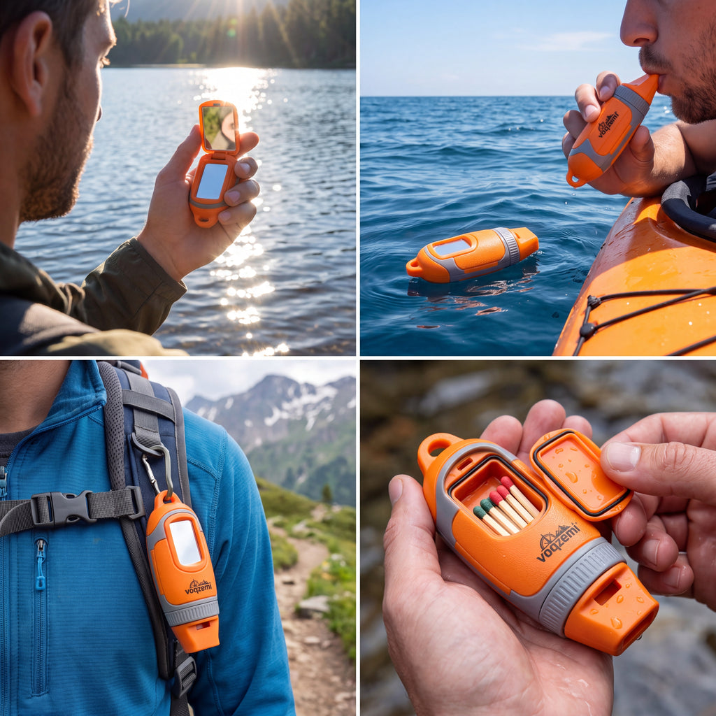 𝙫𝙤𝙦𝙯𝙚𝙢𝙞™ FloatSafe 4-in-1 Floating Emergency Survival Whistle with Signal Mirror & Waterproof Storage