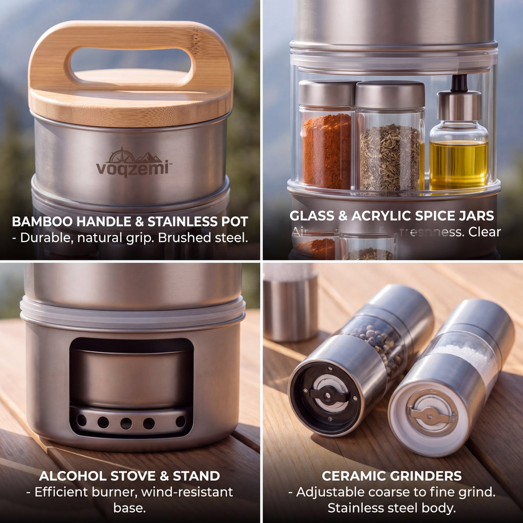 𝙫𝙤𝙦𝙯𝙚𝙢𝙞™ Trailblazer All-in-One Camping Cookset & Spice Kit – Compact Stainless Steel Stackable Mess Kit with Mini Camp Stove Base, Spice Containers, Oil Dispenser & Salt/Pepper Grinders for Backpacking, Hiking & Outdoor Cooking