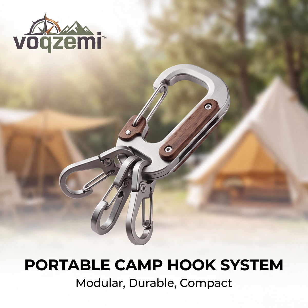 𝙫𝙤𝙦𝙯𝙚𝙢𝙞™ Modular Camp Hook System – Heavy-Duty Stainless Steel & Wood Carabiner Keychain with 3 Quick-Release Utility Clips for Camping & EDC