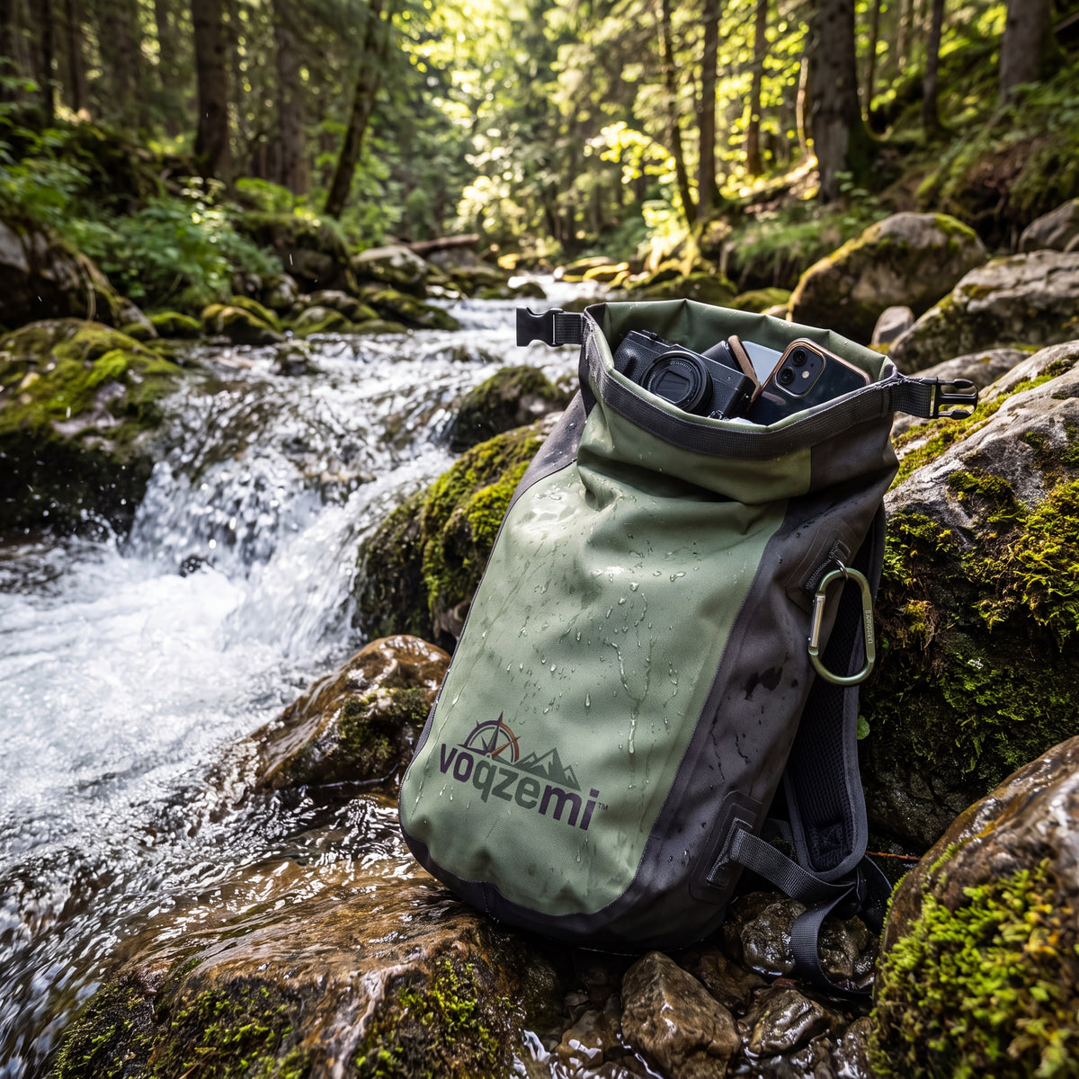 𝙫𝙤𝙦𝙯𝙚𝙢𝙞™ Hydro-Clasp Waterproof Dry Bag – Magnetic Roll-Top Packable Storage Sack with Aluminum Carabiner Clip for Kayaking, Hiking, Camping & Travel