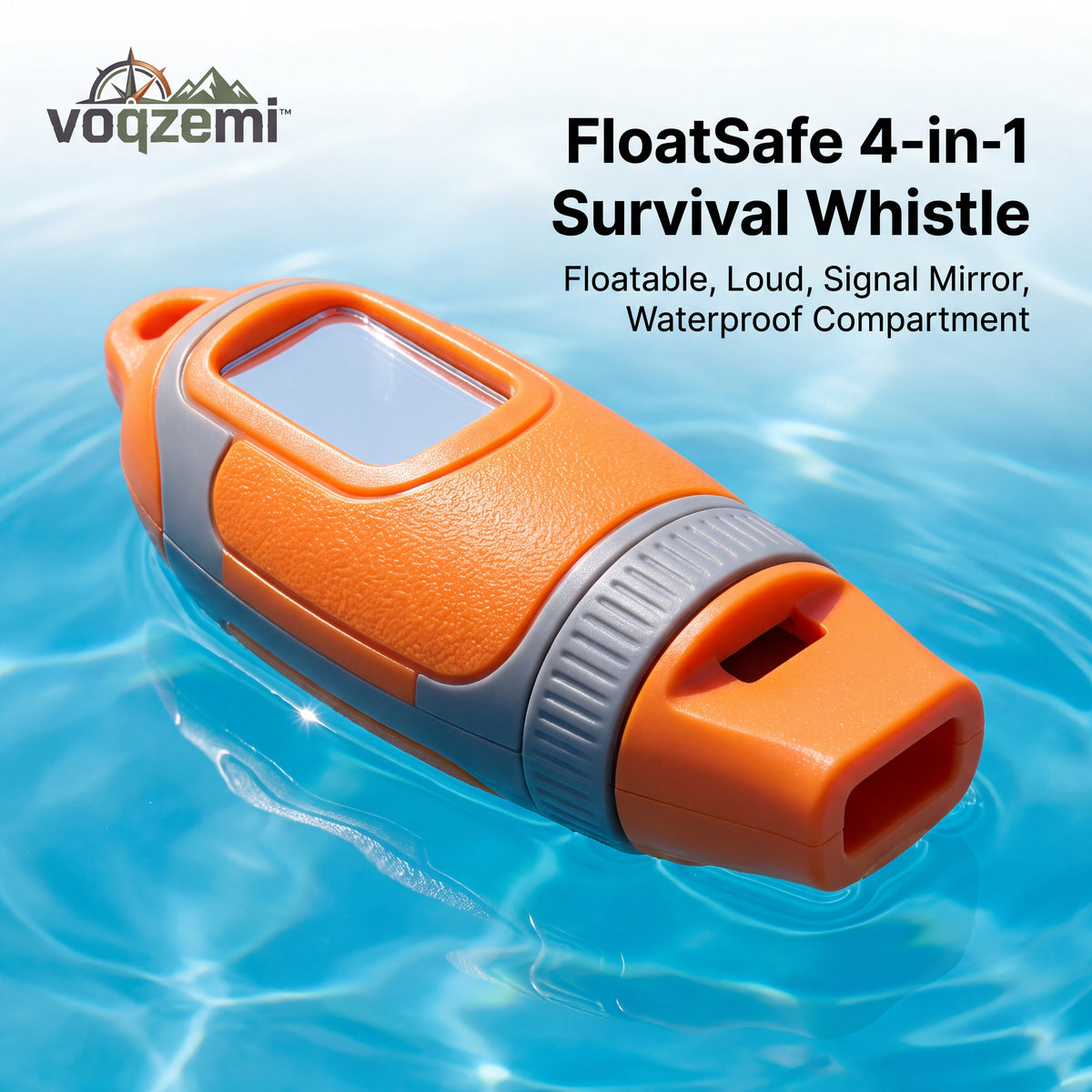 𝙫𝙤𝙦𝙯𝙚𝙢𝙞™ FloatSafe 4-in-1 Floating Emergency Survival Whistle with Signal Mirror & Waterproof Storage