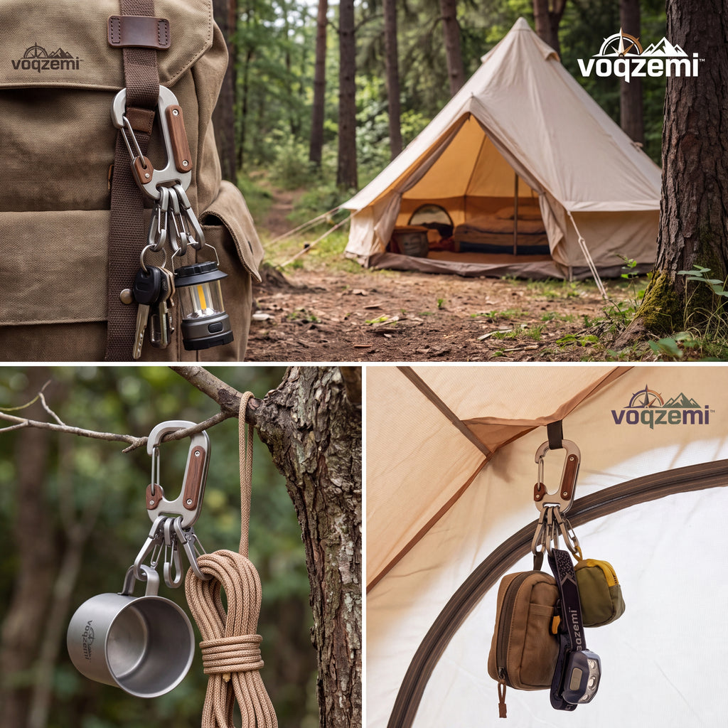 𝙫𝙤𝙦𝙯𝙚𝙢𝙞™ Modular Camp Hook System – Heavy-Duty Stainless Steel & Wood Carabiner Keychain with 3 Quick-Release Utility Clips for Camping & EDC
