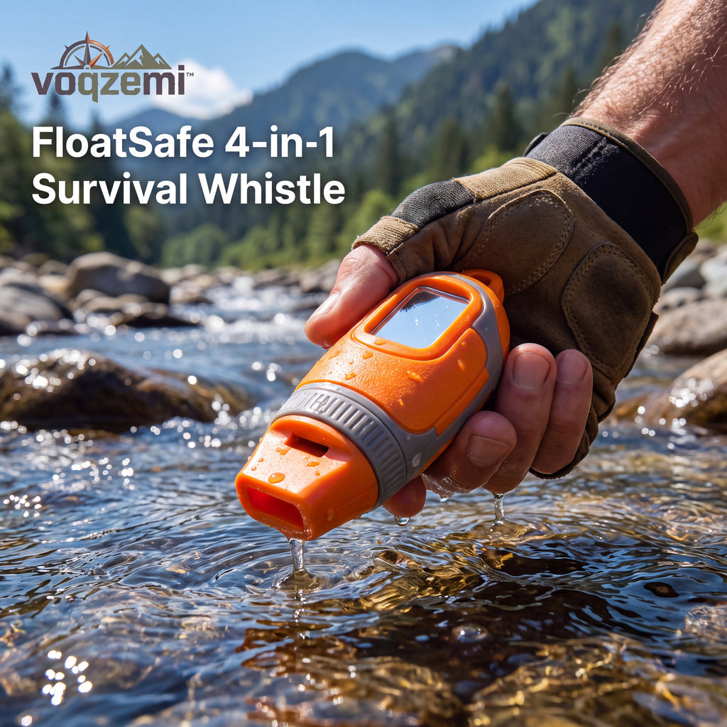 𝙫𝙤𝙦𝙯𝙚𝙢𝙞™ FloatSafe 4-in-1 Floating Emergency Survival Whistle with Signal Mirror & Waterproof Storage