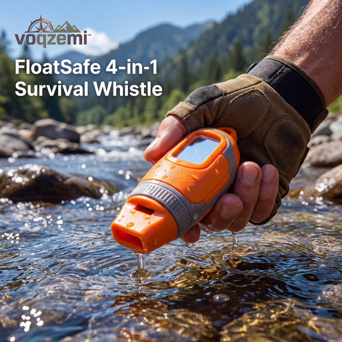 𝙫𝙤𝙦𝙯𝙚𝙢𝙞™ FloatSafe 4-in-1 Floating Emergency Survival Whistle with Signal Mirror & Waterproof Storage