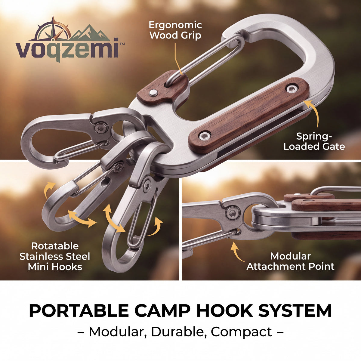 𝙫𝙤𝙦𝙯𝙚𝙢𝙞™ Modular Camp Hook System – Heavy-Duty Stainless Steel & Wood Carabiner Keychain with 3 Quick-Release Utility Clips for Camping & EDC
