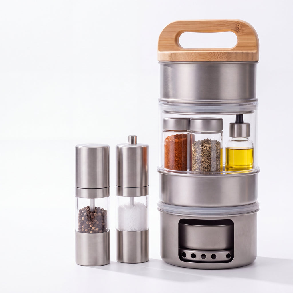 𝙫𝙤𝙦𝙯𝙚𝙢𝙞™ Trailblazer All-in-One Camping Cookset & Spice Kit – Compact Stainless Steel Stackable Mess Kit with Mini Camp Stove Base, Spice Containers, Oil Dispenser & Salt/Pepper Grinders for Backpacking, Hiking & Outdoor Cooking