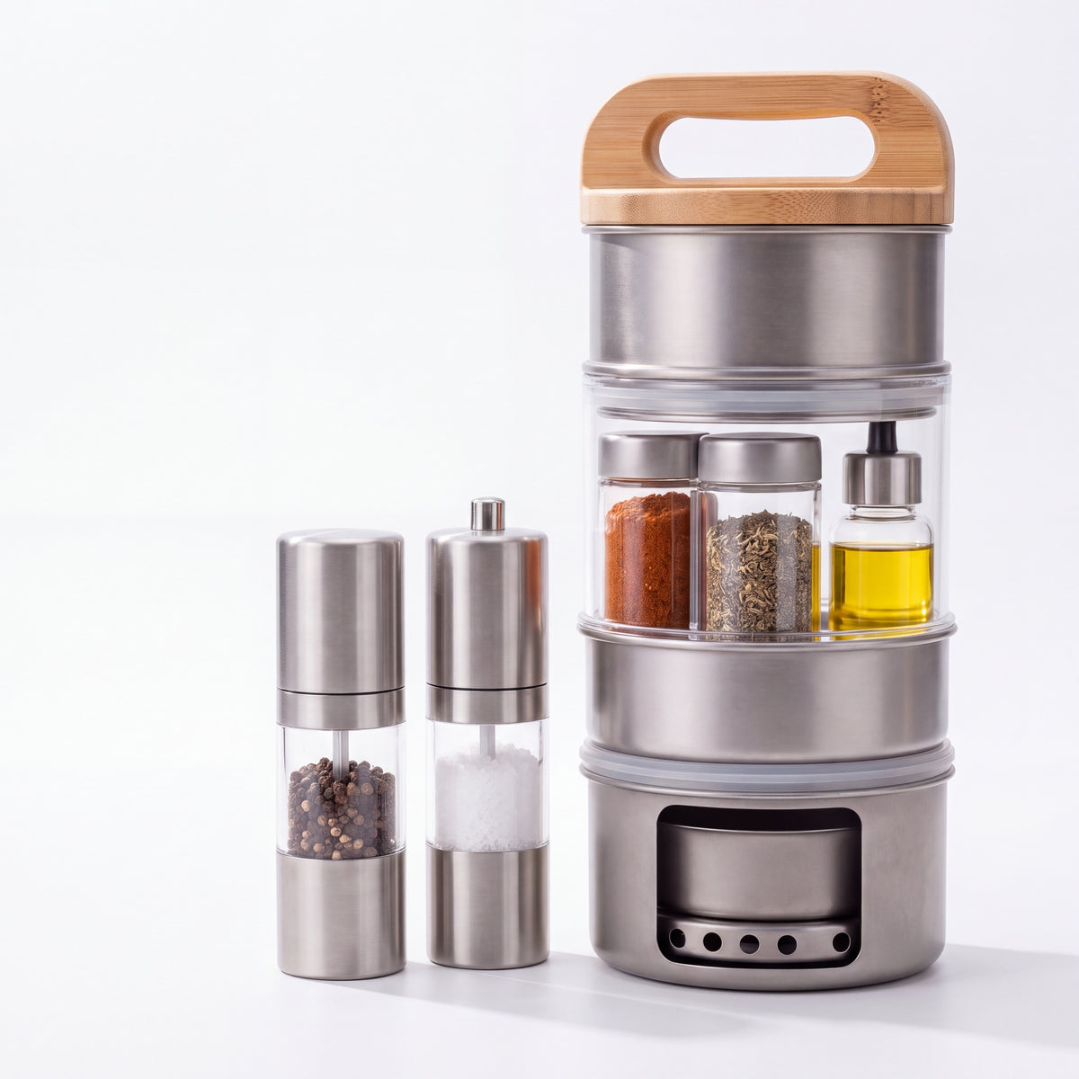 𝙫𝙤𝙦𝙯𝙚𝙢𝙞™ Trailblazer All-in-One Camping Cookset & Spice Kit – Compact Stainless Steel Stackable Mess Kit with Mini Camp Stove Base, Spice Containers, Oil Dispenser & Salt/Pepper Grinders for Backpacking, Hiking & Outdoor Cooking