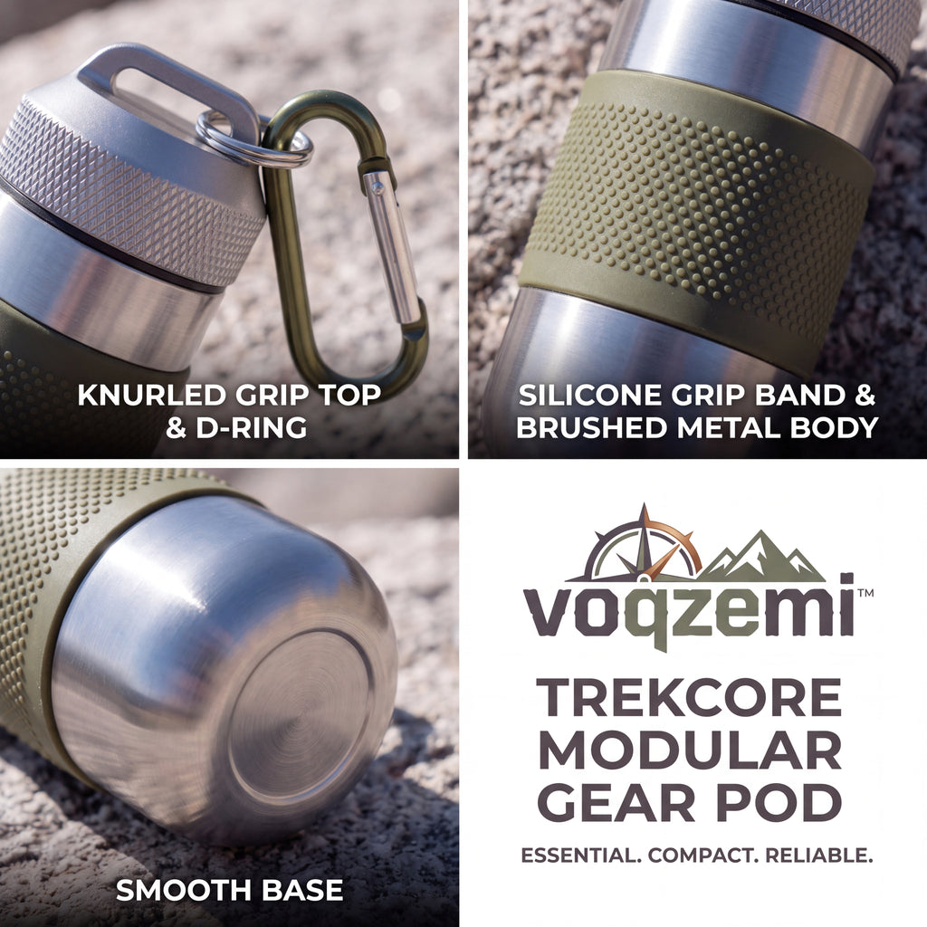 𝙫𝙤𝙦𝙯𝙚𝙢𝙞™ TrekCore Modular Gear Pod – Compact Waterproof EDC Storage Capsule with Carabiner, Rugged Metal Survival Container for Hiking, Camping, and Outdoor Travel