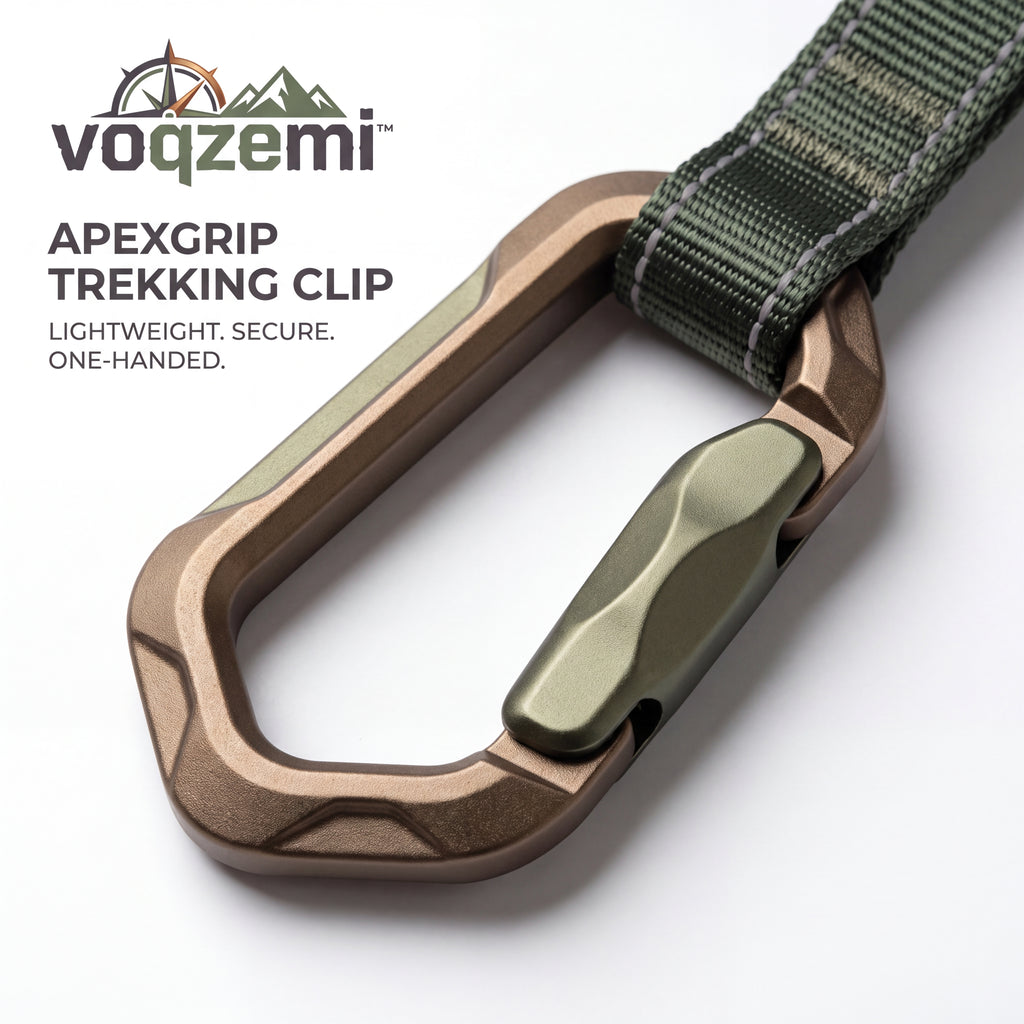 𝙫𝙤𝙦𝙯𝙚𝙢𝙞™ ApexGrip Heavy-Duty Trekking Clip – Ergonomic Quick-Release Carabiner with Reflective Webbing Strap for Hiking, Backpacking & Outdoor EDC