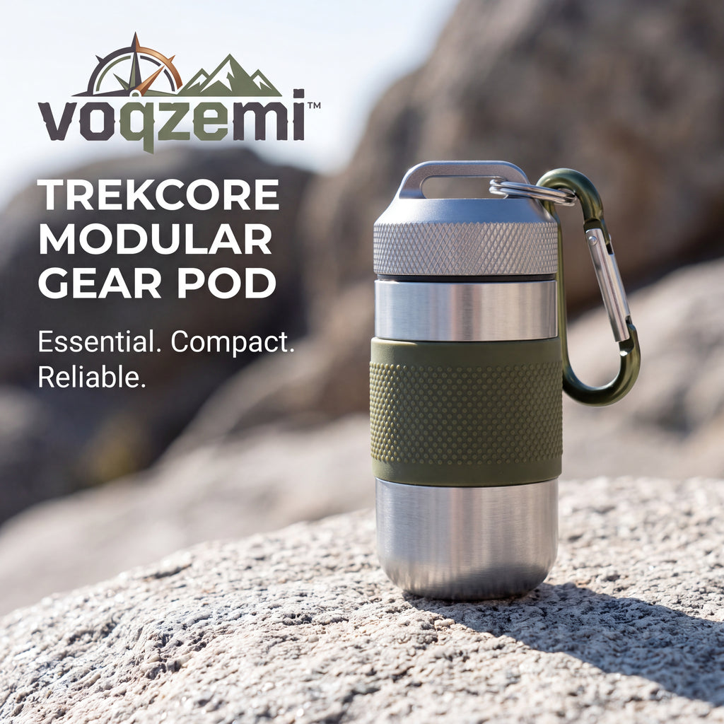 𝙫𝙤𝙦𝙯𝙚𝙢𝙞™ TrekCore Modular Gear Pod – Compact Waterproof EDC Storage Capsule with Carabiner, Rugged Metal Survival Container for Hiking, Camping, and Outdoor Travel