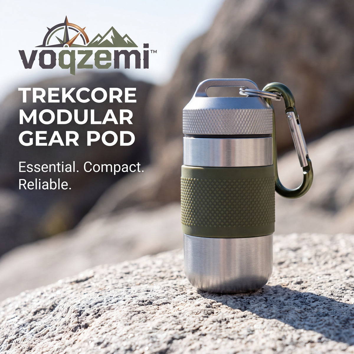 𝙫𝙤𝙦𝙯𝙚𝙢𝙞™ TrekCore Modular Gear Pod – Compact Waterproof EDC Storage Capsule with Carabiner, Rugged Metal Survival Container for Hiking, Camping, and Outdoor Travel