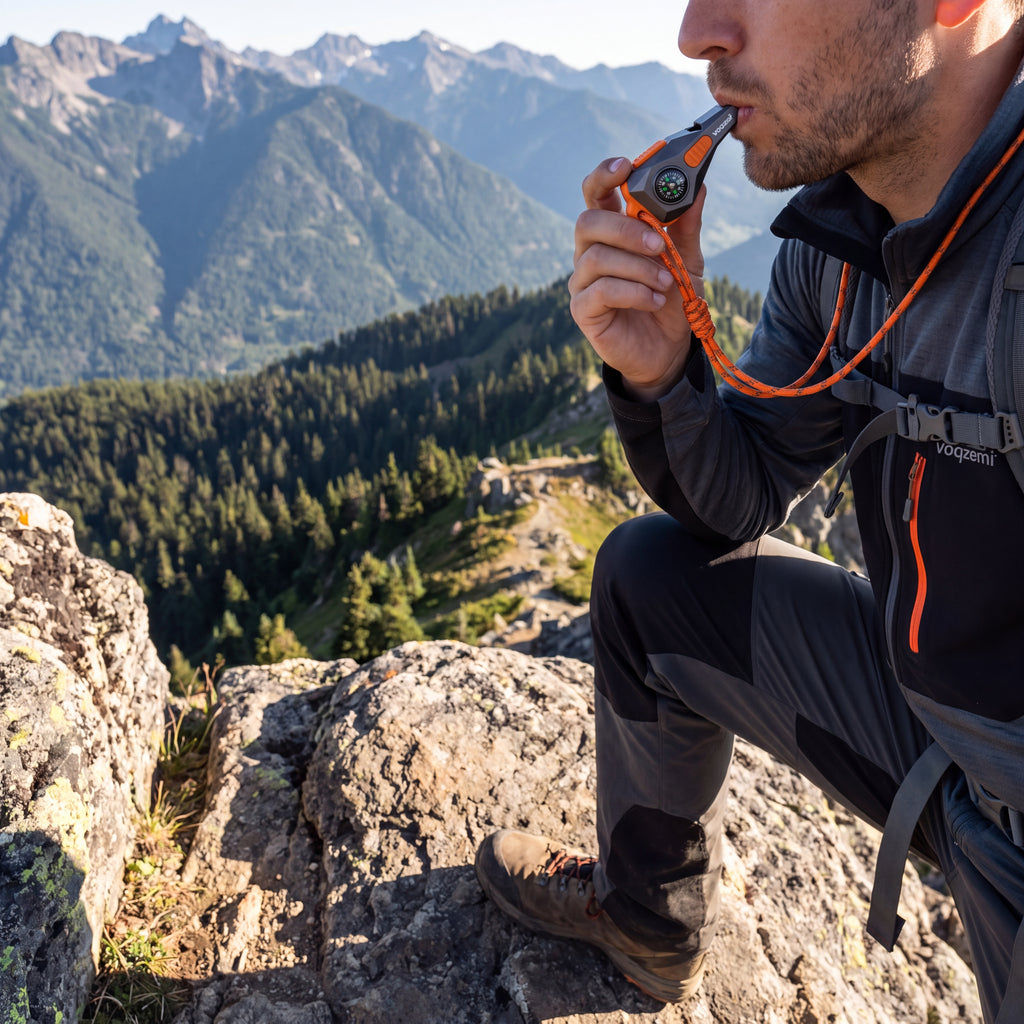 𝙫𝙤𝙦𝙯𝙚𝙢𝙞™ Survivor Peak 3-in-1 Emergency Whistle with Compass & Fire Starter, 120dB High-Decibel Outdoor Safety Whistle with Lanyard for Hiking, Camping, Survival Gear
