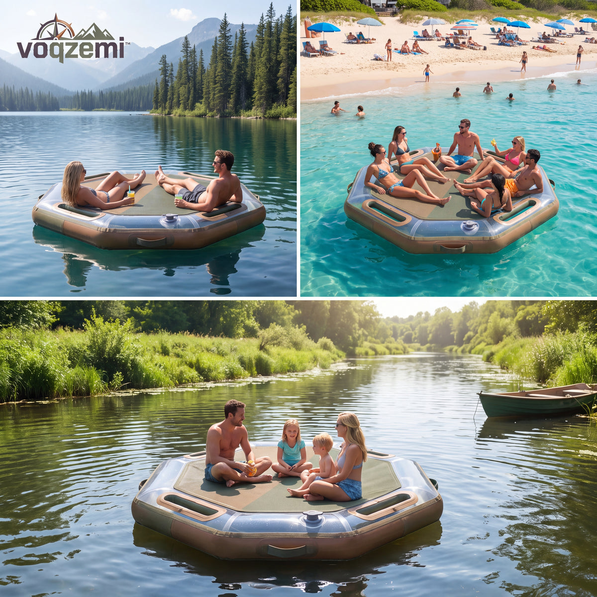 𝙫𝙤𝙦𝙯𝙚𝙢𝙞™ AquaGlide Inflatable Octagonal Float Pad – Ultra-Durable Portable Water Mat & Floating Lounge with Heavy-Duty Grab Handles for Lake, Pool & Ocean