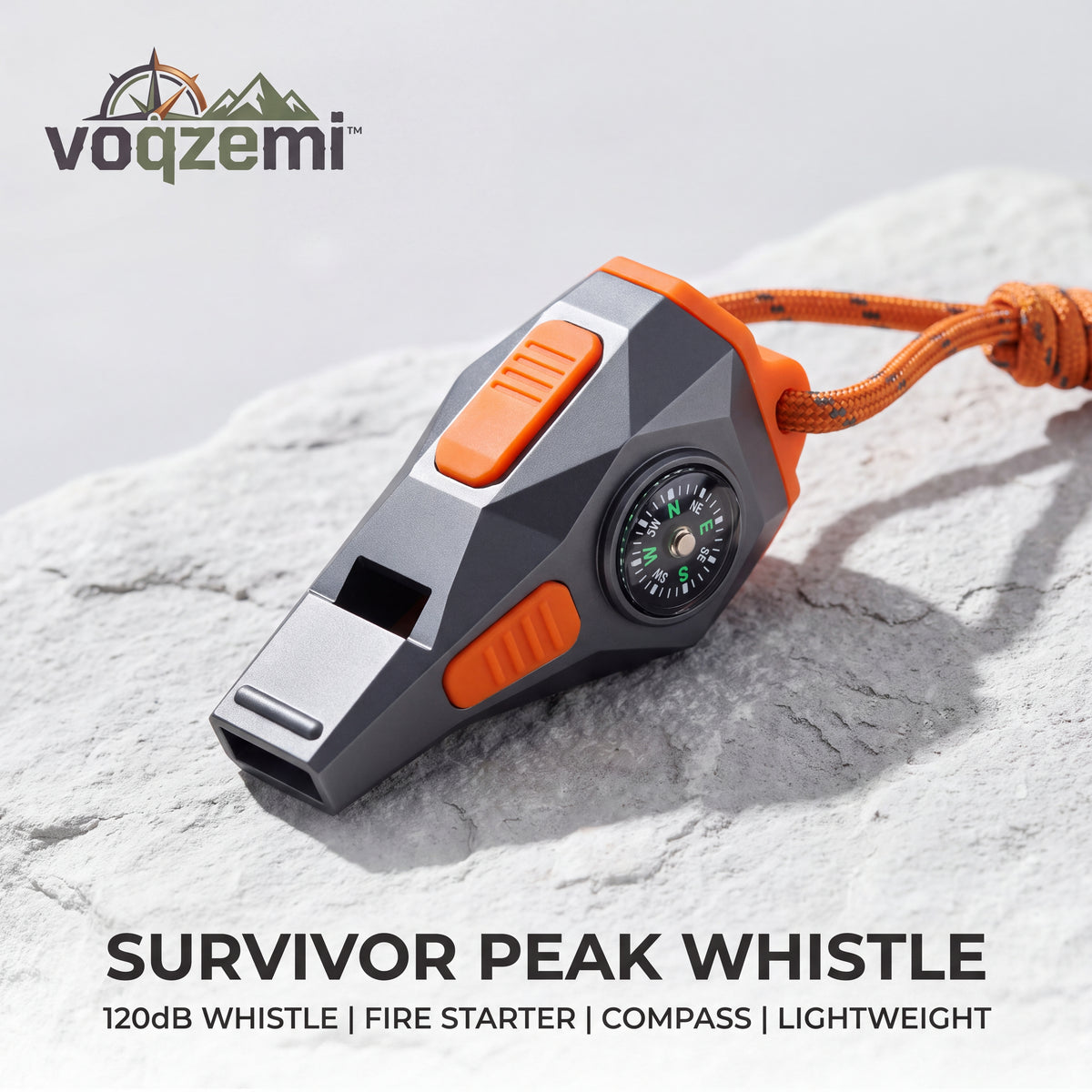 𝙫𝙤𝙦𝙯𝙚𝙢𝙞™ Survivor Peak 3-in-1 Emergency Whistle with Compass & Fire Starter, 120dB High-Decibel Outdoor Safety Whistle with Lanyard for Hiking, Camping, Survival Gear