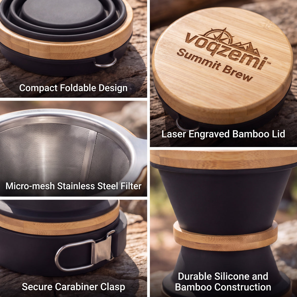 𝙫𝙤𝙦𝙯𝙚𝙢𝙞™ Summit Brew Collapsible Camping Coffee Maker – Portable Manual Pour-Over Brewer with Reusable Stainless Steel Filter & Natural Bamboo Accents, Ultra-Compact for Outdoor Travel & Backpacking