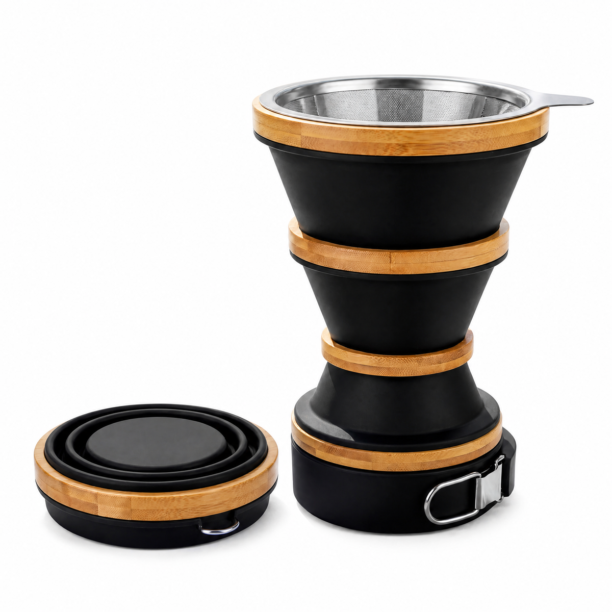 𝙫𝙤𝙦𝙯𝙚𝙢𝙞™ Summit Brew Collapsible Camping Coffee Maker – Portable Manual Pour-Over Brewer with Reusable Stainless Steel Filter & Natural Bamboo Accents, Ultra-Compact for Outdoor Travel & Backpacking
