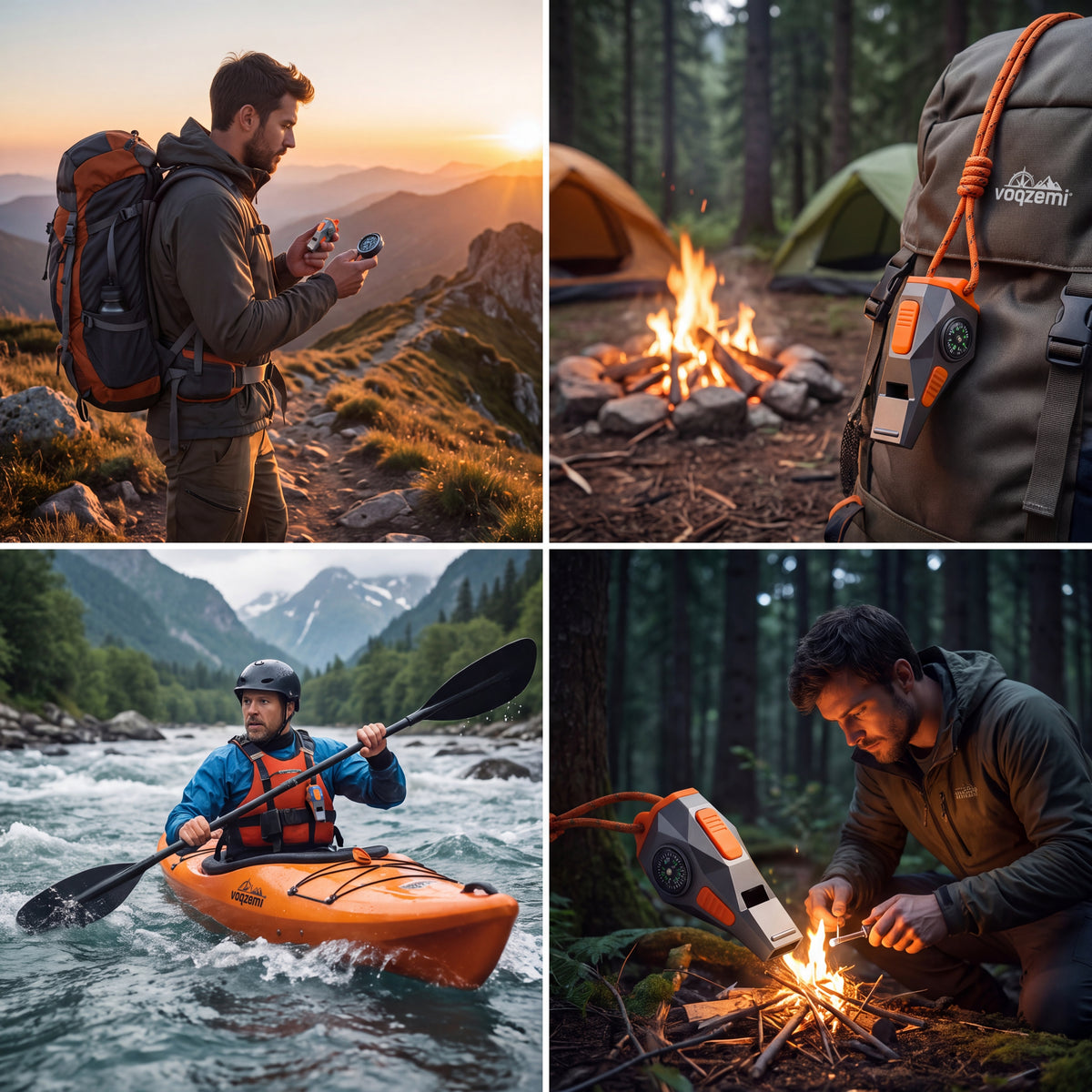 𝙫𝙤𝙦𝙯𝙚𝙢𝙞™ Survivor Peak 3-in-1 Emergency Whistle with Compass & Fire Starter, 120dB High-Decibel Outdoor Safety Whistle with Lanyard for Hiking, Camping, Survival Gear
