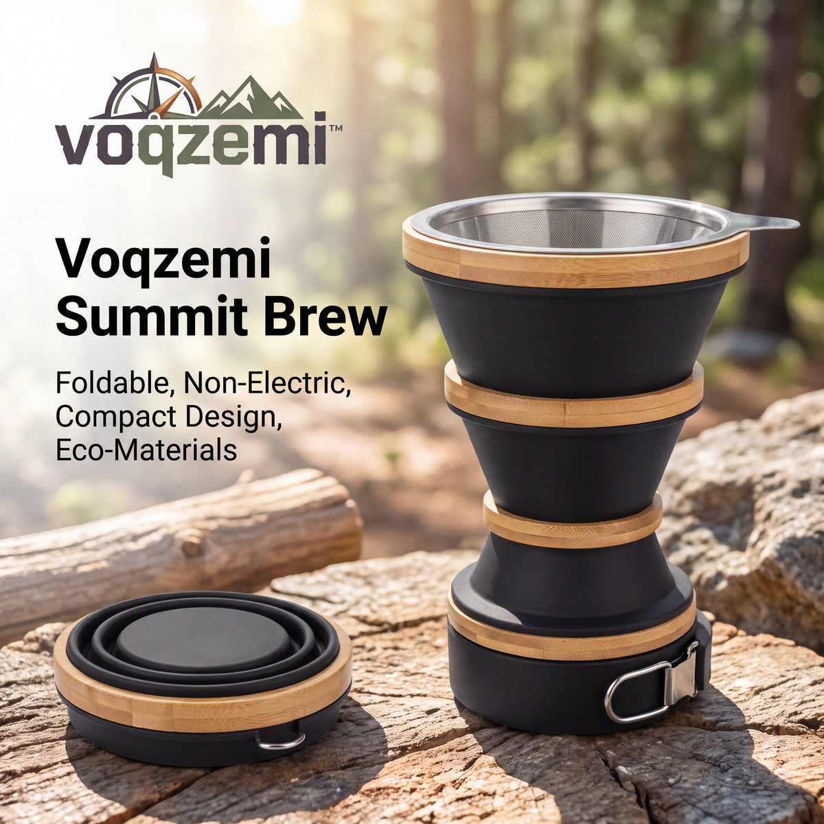 𝙫𝙤𝙦𝙯𝙚𝙢𝙞™ Summit Brew Collapsible Camping Coffee Maker – Portable Manual Pour-Over Brewer with Reusable Stainless Steel Filter & Natural Bamboo Accents, Ultra-Compact for Outdoor Travel & Backpacking