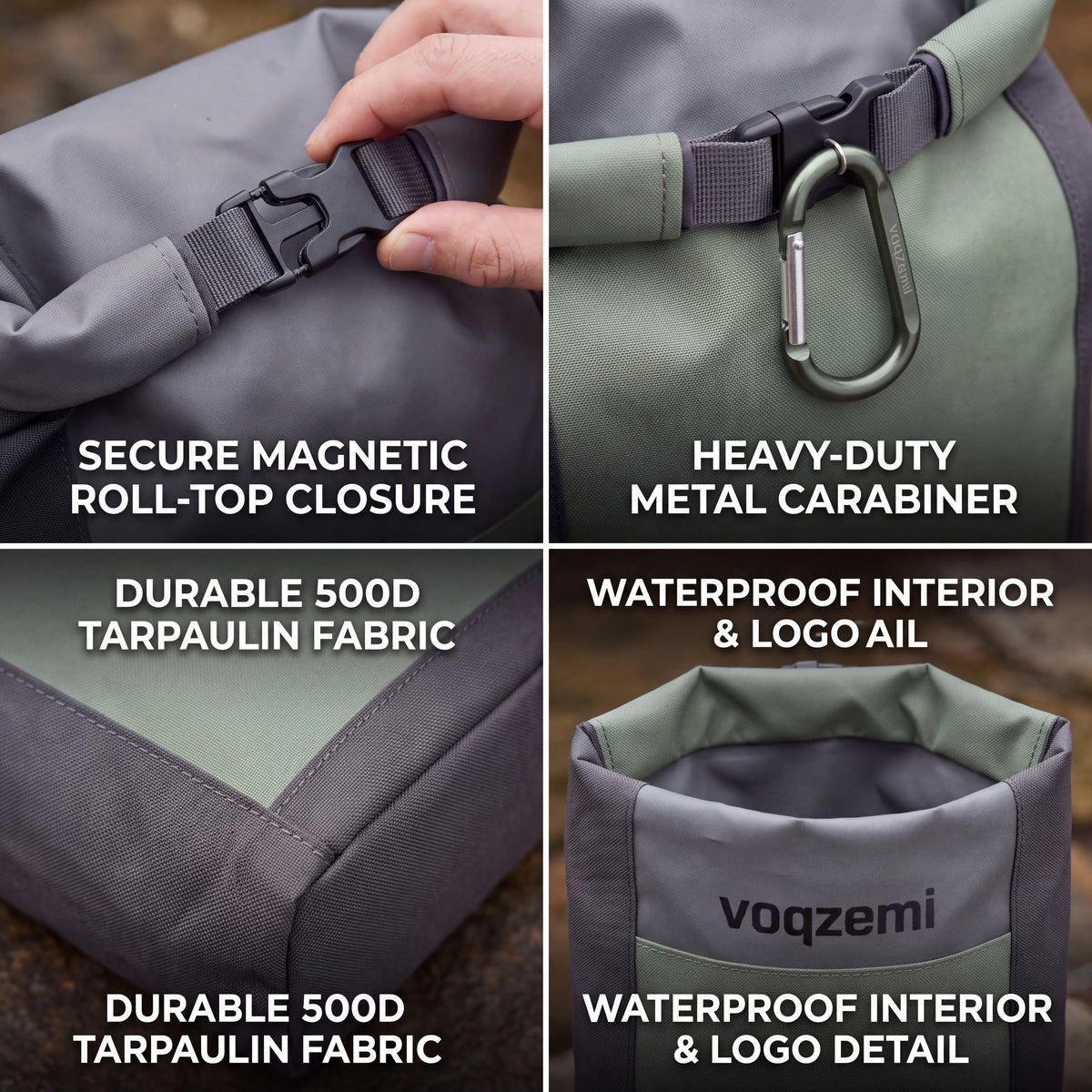 𝙫𝙤𝙦𝙯𝙚𝙢𝙞™ Hydro-Clasp Waterproof Dry Bag – Magnetic Roll-Top Packable Storage Sack with Aluminum Carabiner Clip for Kayaking, Hiking, Camping & Travel