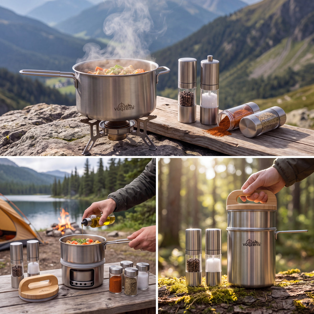 𝙫𝙤𝙦𝙯𝙚𝙢𝙞™ Trailblazer All-in-One Camping Cookset & Spice Kit – Compact Stainless Steel Stackable Mess Kit with Mini Camp Stove Base, Spice Containers, Oil Dispenser & Salt/Pepper Grinders for Backpacking, Hiking & Outdoor Cooking