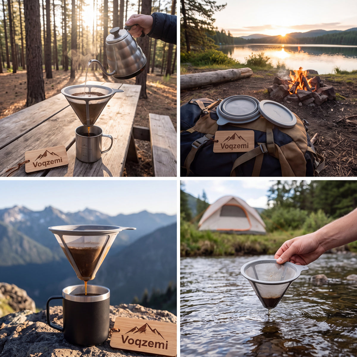𝙫𝙤𝙦𝙯𝙚𝙢𝙞™ Summit Brew Collapsible Camping Coffee Maker – Portable Manual Pour-Over Brewer with Reusable Stainless Steel Filter & Natural Bamboo Accents, Ultra-Compact for Outdoor Travel & Backpacking