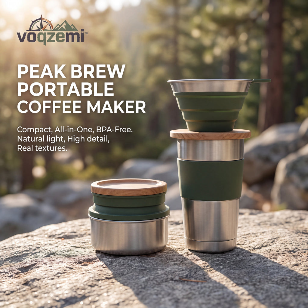 𝙫𝙤𝙦𝙯𝙚𝙢𝙞™ Peak Brew Portable Coffee Maker – Collapsible All-in-One Pour-Over Brewer & Insulated Travel Mug Set for Camping, Hiking & Travel (BPA-Free)