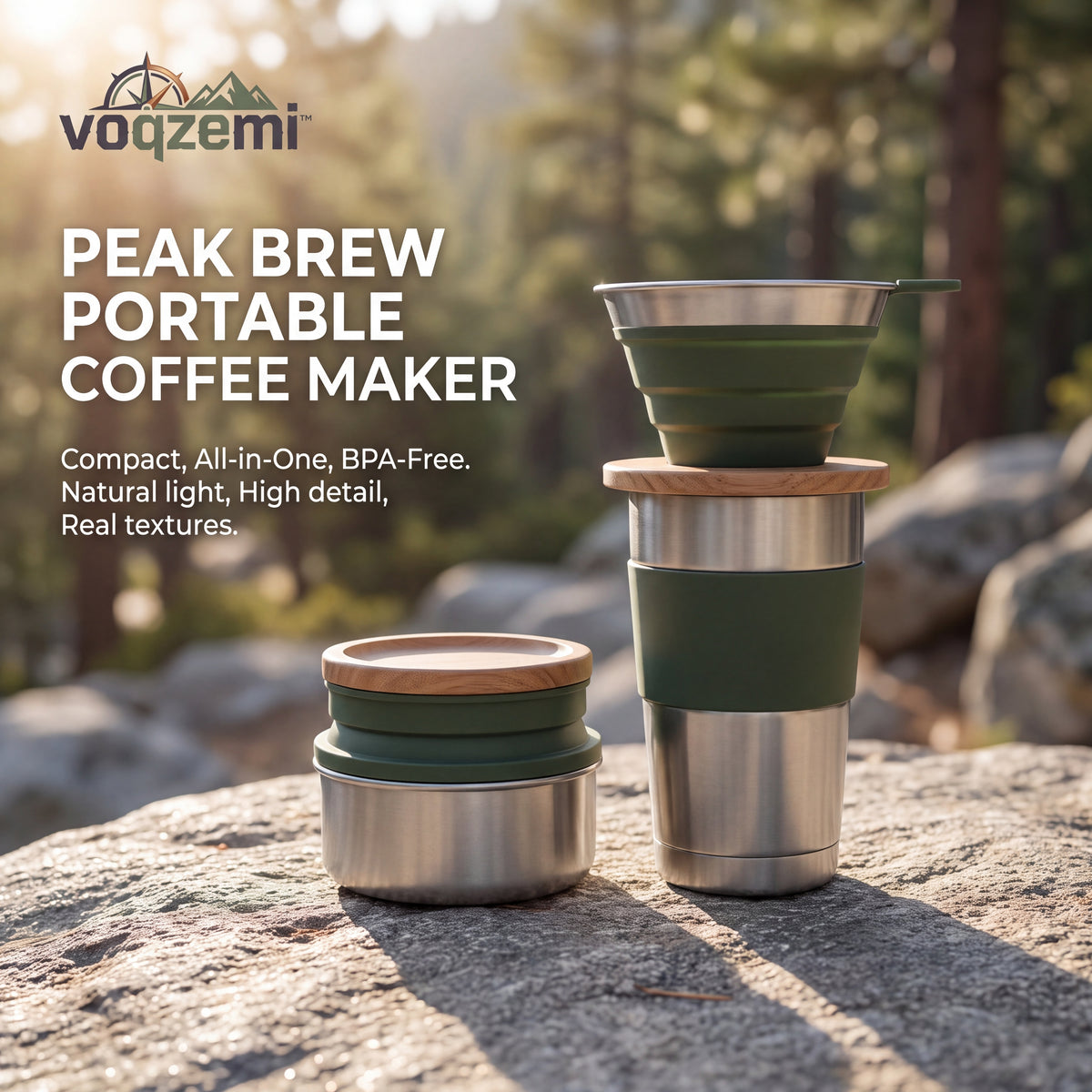 𝙫𝙤𝙦𝙯𝙚𝙢𝙞™ Peak Brew Portable Coffee Maker – Collapsible All-in-One Pour-Over Brewer & Insulated Travel Mug Set for Camping, Hiking & Travel (BPA-Free)