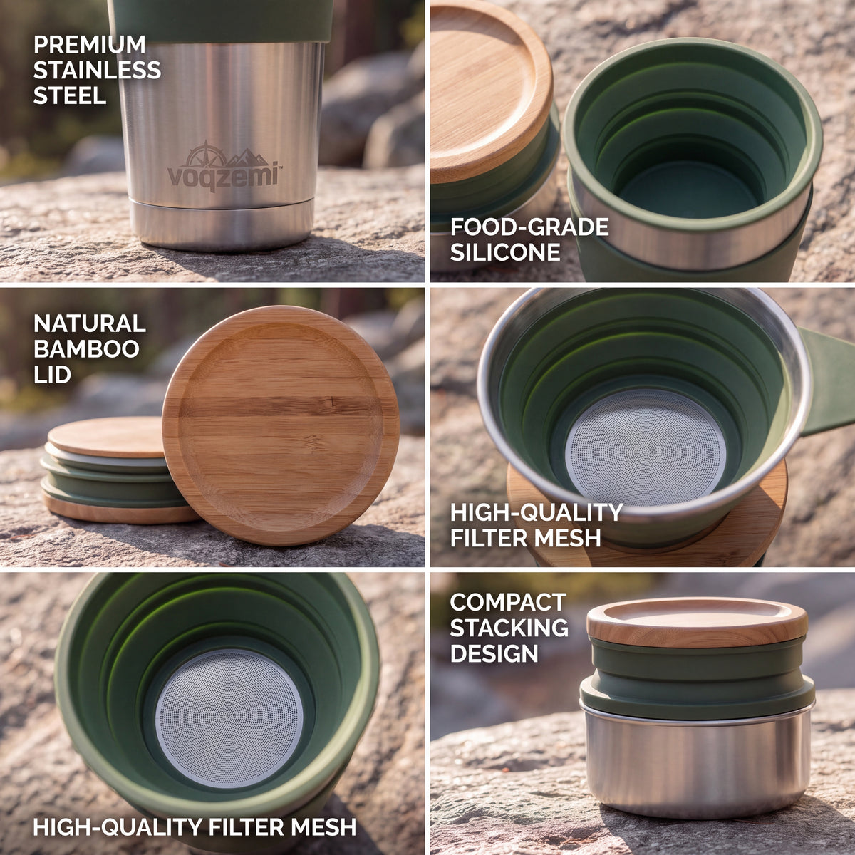 𝙫𝙤𝙦𝙯𝙚𝙢𝙞™ Peak Brew Portable Coffee Maker – Collapsible All-in-One Pour-Over Brewer & Insulated Travel Mug Set for Camping, Hiking & Travel (BPA-Free)